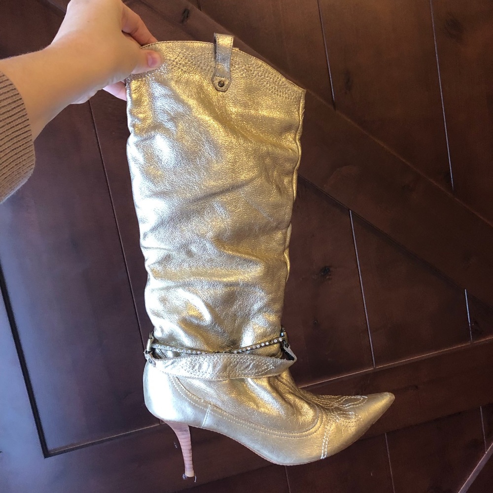 Gold leather boots.